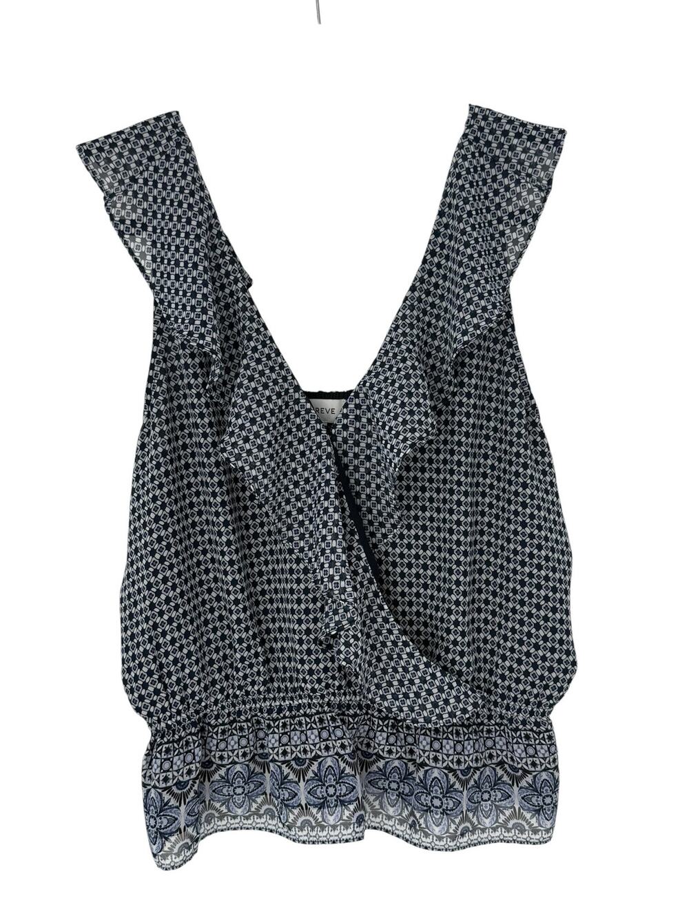 Evereve Blue Geo Print Ruffle Peplum Sleeveless Blouse Size L Boho